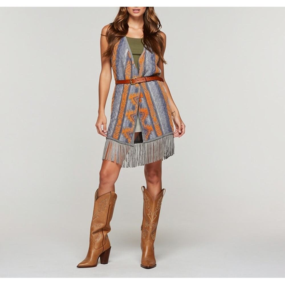 INC Boho Southwestern Fringe Vest –‎ Gray & Orange Size M Hippie Chic